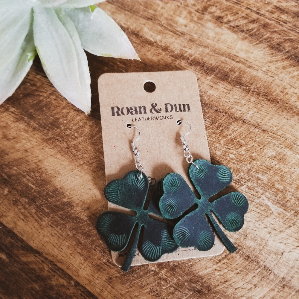 Genuine Leather Hand Tooled Shamrock Earrings